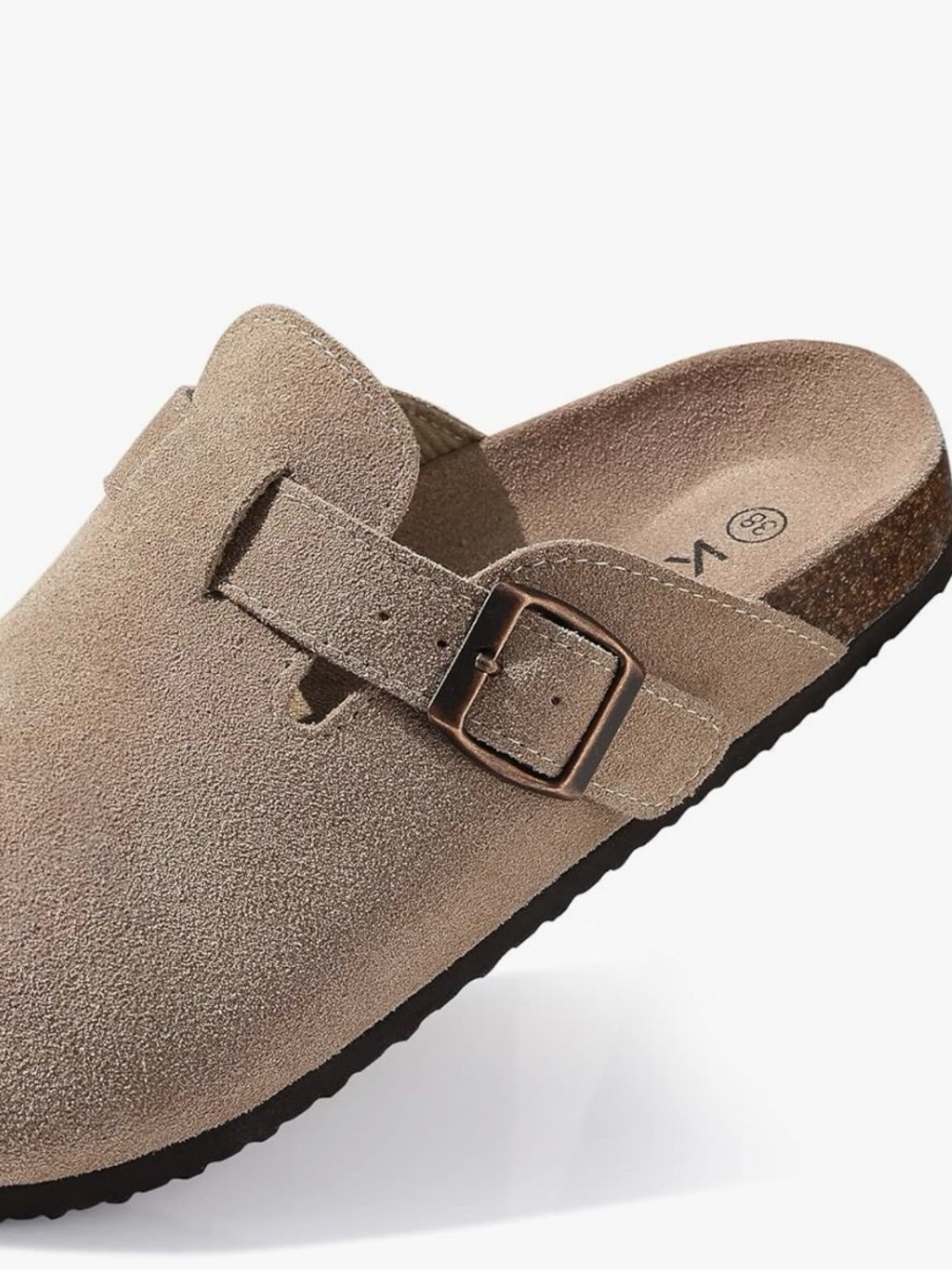 Women's Taupe Suede Slip-On Clogs with Buckle - Picture 7 of 7